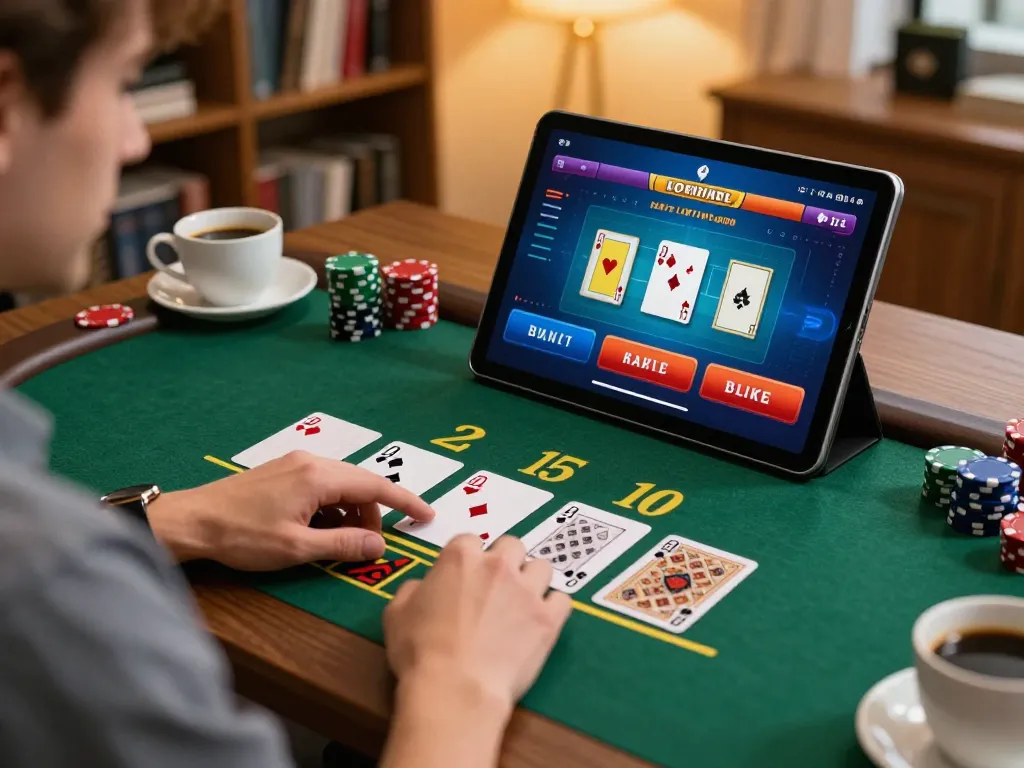 HB88 user strategically engaging in online blackjack game at home, tablet showing interactive game interface