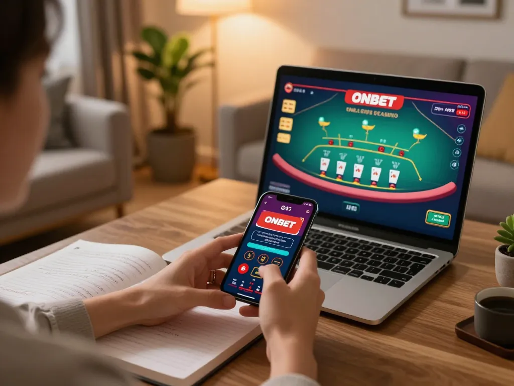 Engaging player using ONBET.com app for blackjack, showcasing modern home gaming setup