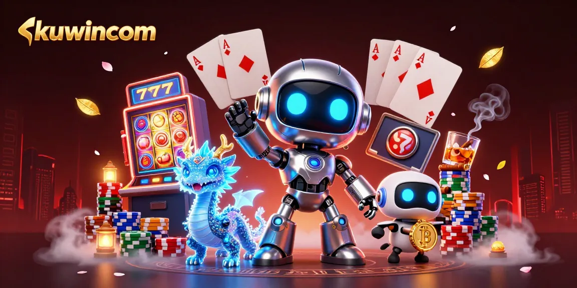 Kuwincom showcases a vibrant 3D casino scene, featuring robots, slots, and poker elements filled with excitement.