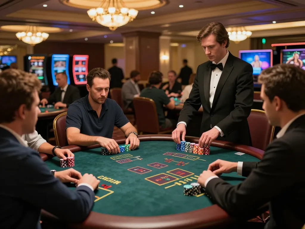 Players strategizing at blackjack tables in a luxury casino, highlighting Go8 gaming excitement.