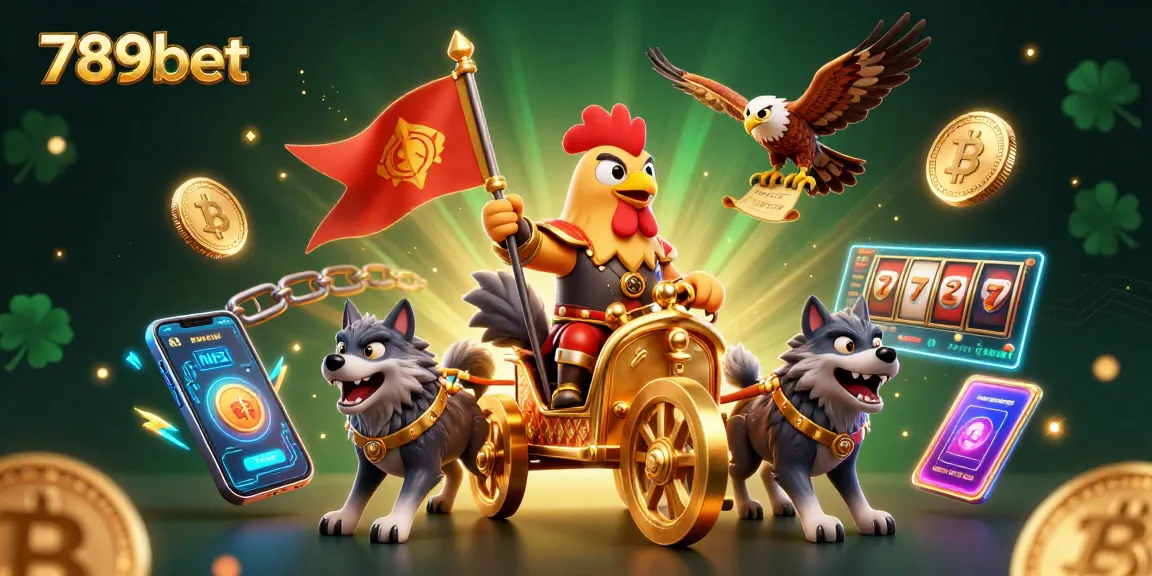 Engage with 789bet's vibrant casino adventures featuring a dynamic cartoon rooster warlord and crypto elements.