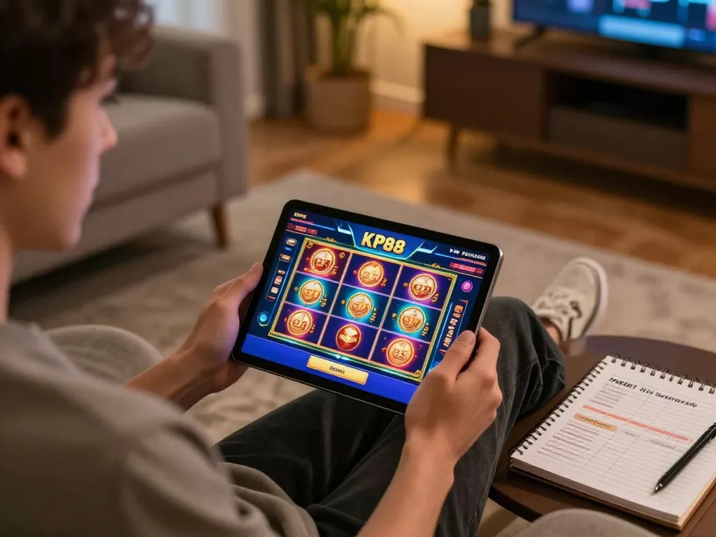 Engaging online gambling session on KP88 in a cozy living room with tablet interface.