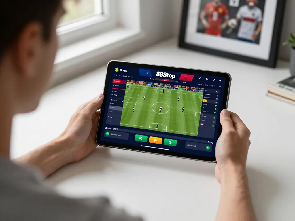 Player engaged in sports betting on 888top app, focusing on live match data.