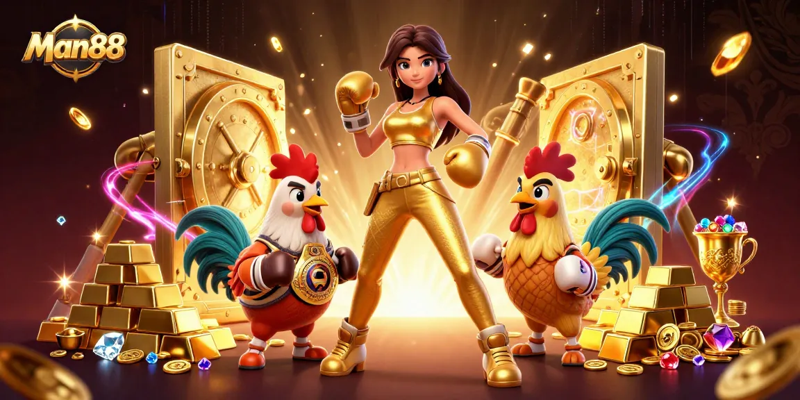 Win big at Man88's dynamic casino scene featuring a glamorous fighter beside a championship rooster.