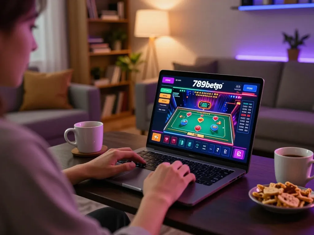 Engaging with 789betgo for live casino gaming on a laptop in a cozy home environment.