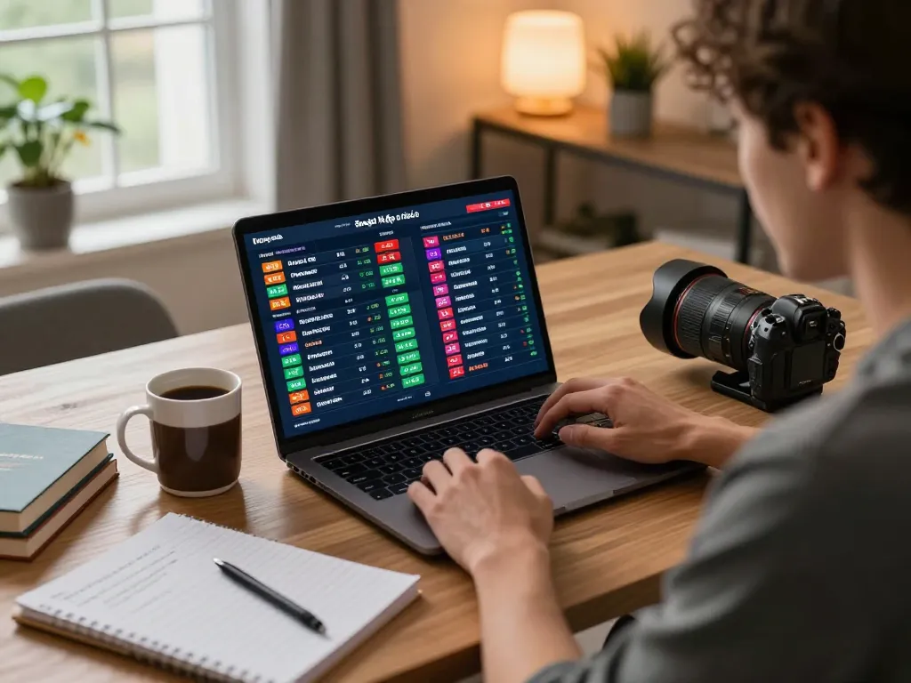 Engaged bettor analyzing bóng đá kèo nhà cái odds on laptop in cozy home office setting