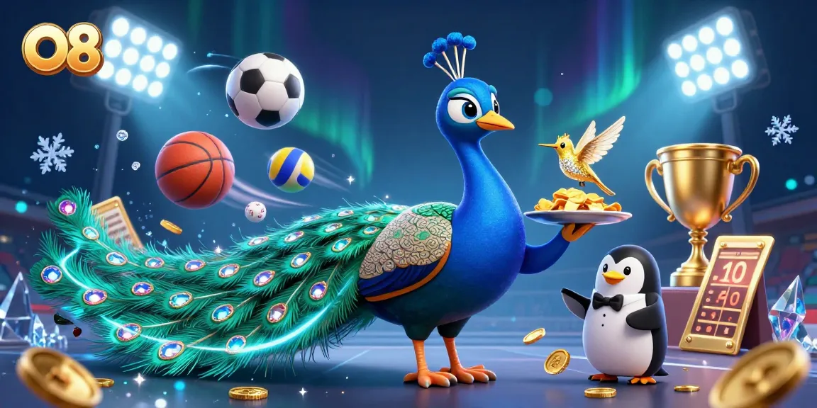 Bet on O8 with a stunning scene showcasing a peacock, penguin, and hummingbird amidst sports elements