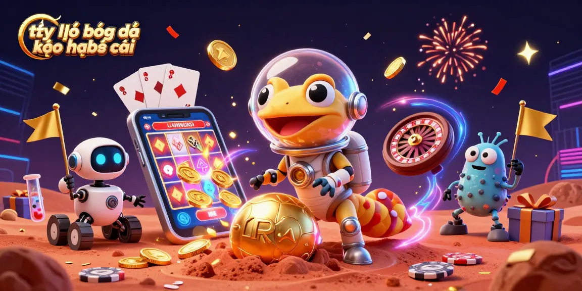 Tỷ lệ bóng đá kèo nhà cái illustration with a Martian gecko and casino elements, showcasing gambling excitement.