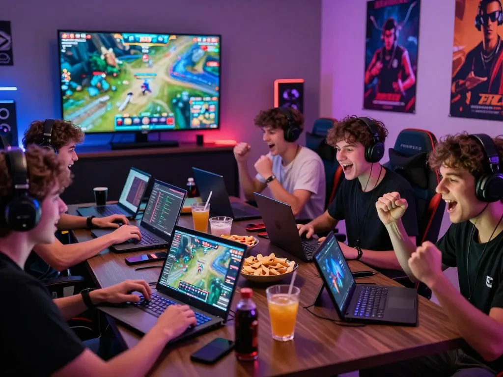 Engaging scene depicting friends playing Rikvip online games in a vibrant gaming room, showcasing excitement and competitive spirit.