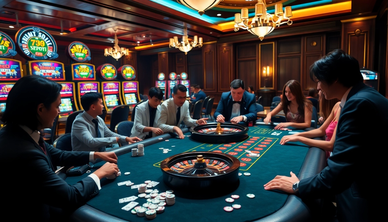 A high-stakes casino scene featuring gamblers at 68VIP poker tables, showcasing excitement and luxury.