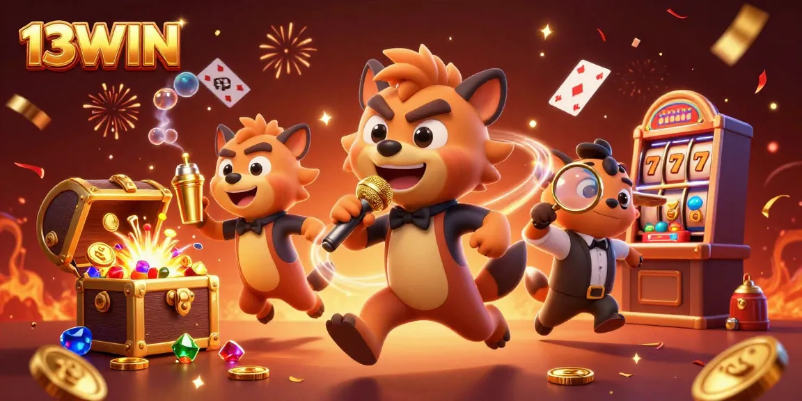 Enter the thrilling world of 13WIN with a vibrant casino scene featuring wild hyenas as they entertain and engage in gaming activities.