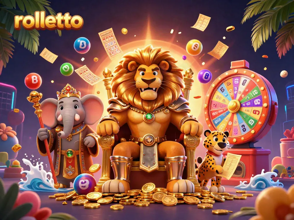 Engage with Rolletto's vibrant casino scene featuring a lion king, elephant advisor, and cheetah messenger.