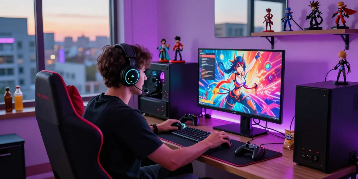 Gamer enjoying hentai games HTML on a vibrant gaming setup with colorful lights and characters.