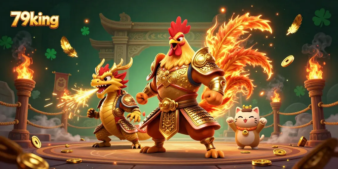 Engage in thrilling action at 79king with a warrior rooster and dragon in a vibrant casino scene.