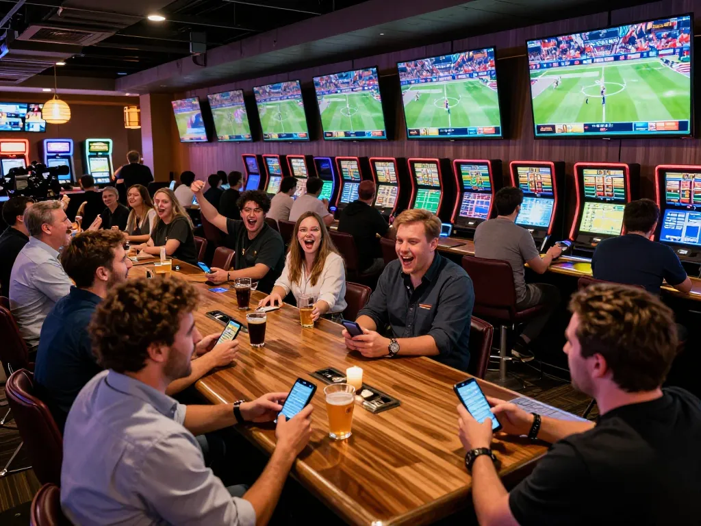 Fans engage in sports betting at a lively casino bar, showing excitement for fooballl games