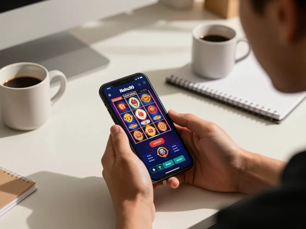 Nohu90 player enjoying mobile slots on a sleek smartphone in a cozy gaming setup