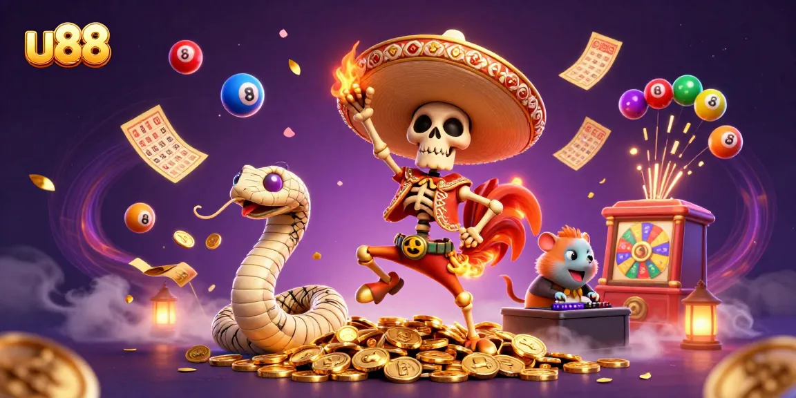 Win big at u88 with vibrant gaming characters celebrating on a pile of golden coins.
