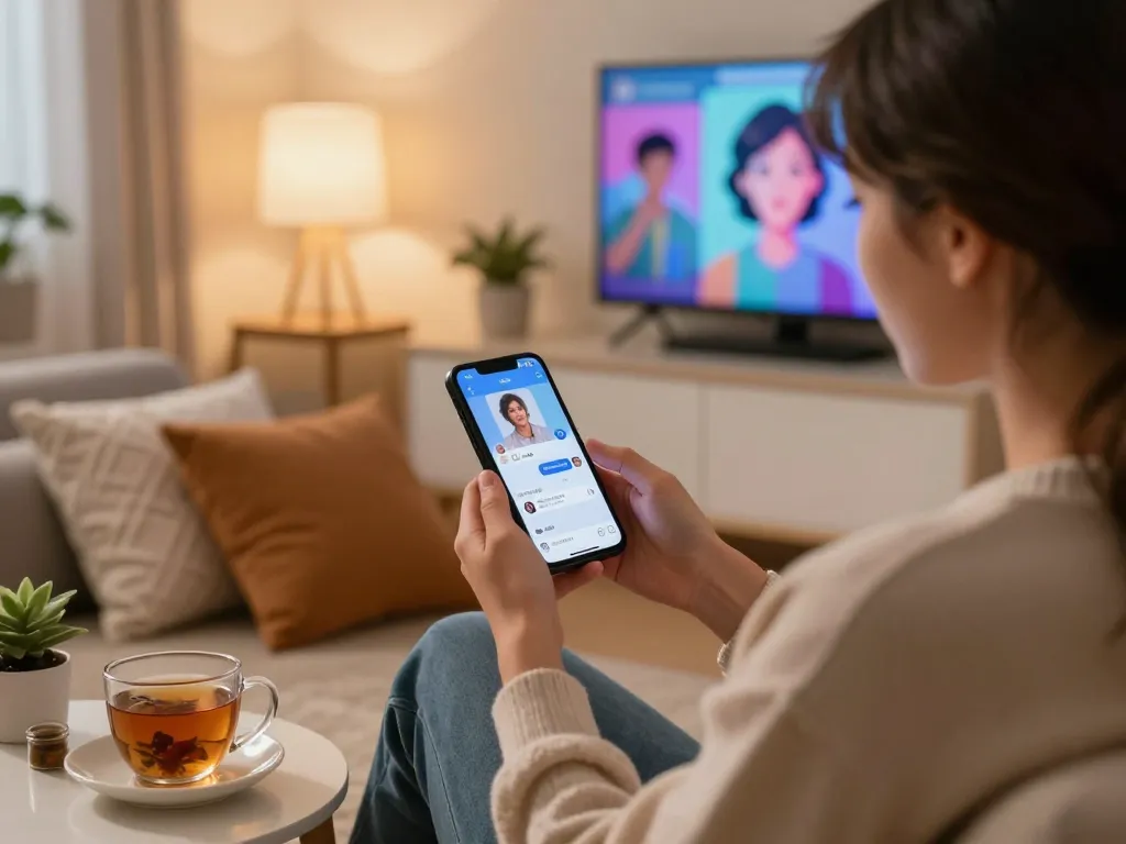 A cozy scene depicting a user engaging in ai sex chat with a digital companion in a comfortable home setting.