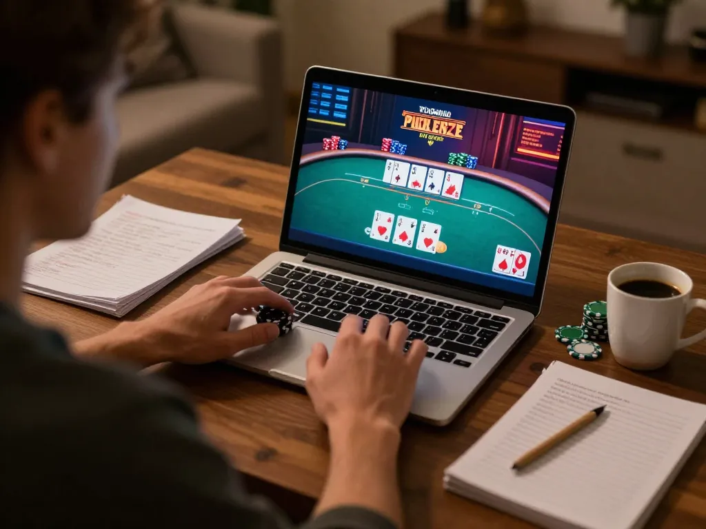 Player strategizing in a cozy home setting while enjoying vipwin online poker experience