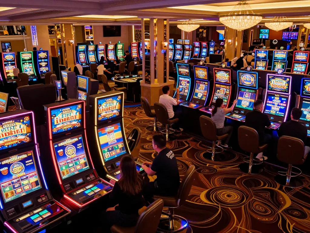 Engaging scene at trang chủ 79king casino showcasing vibrant slot machines, excited players celebrating wins amidst luxurious ambiance