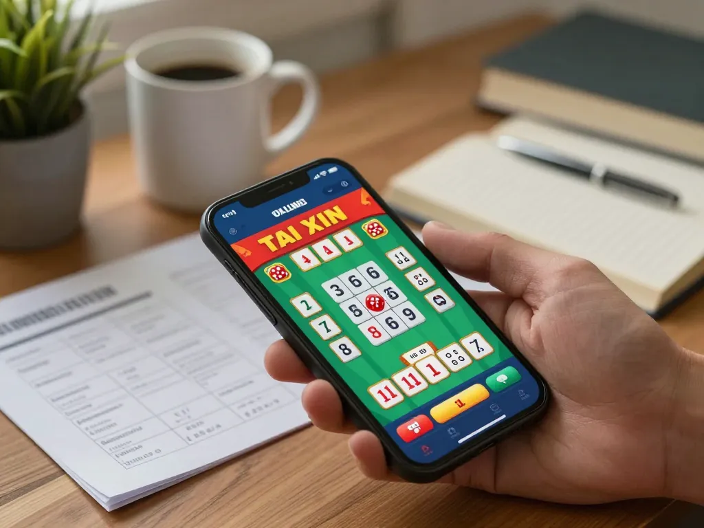 Engaging in tai xiu online, a player simulates dice game strategies using a smartphone at home.