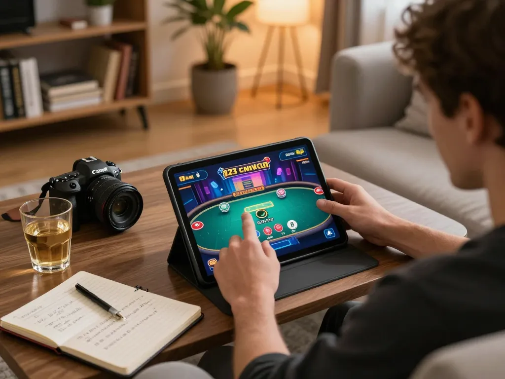 Engaging in 123Win đăng ký poker game on a tablet in a cozy home setting, showcasing gaming strategies.