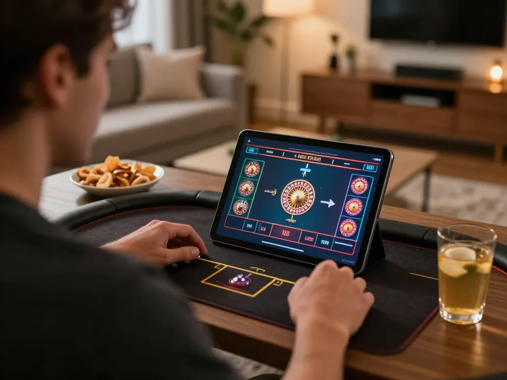 Player engaging with 555WIN live dealer game on tablet in cozy home setting