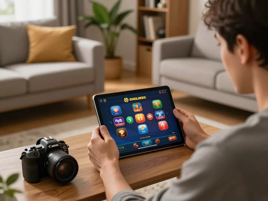 Engaging in fly88 online gambling on a tablet in a cozy home setting.
