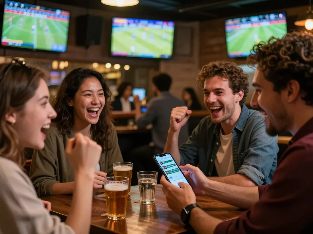 Friends cheering while placing bets on ZBET app at a sports betting bar, capturing excitement and strategy