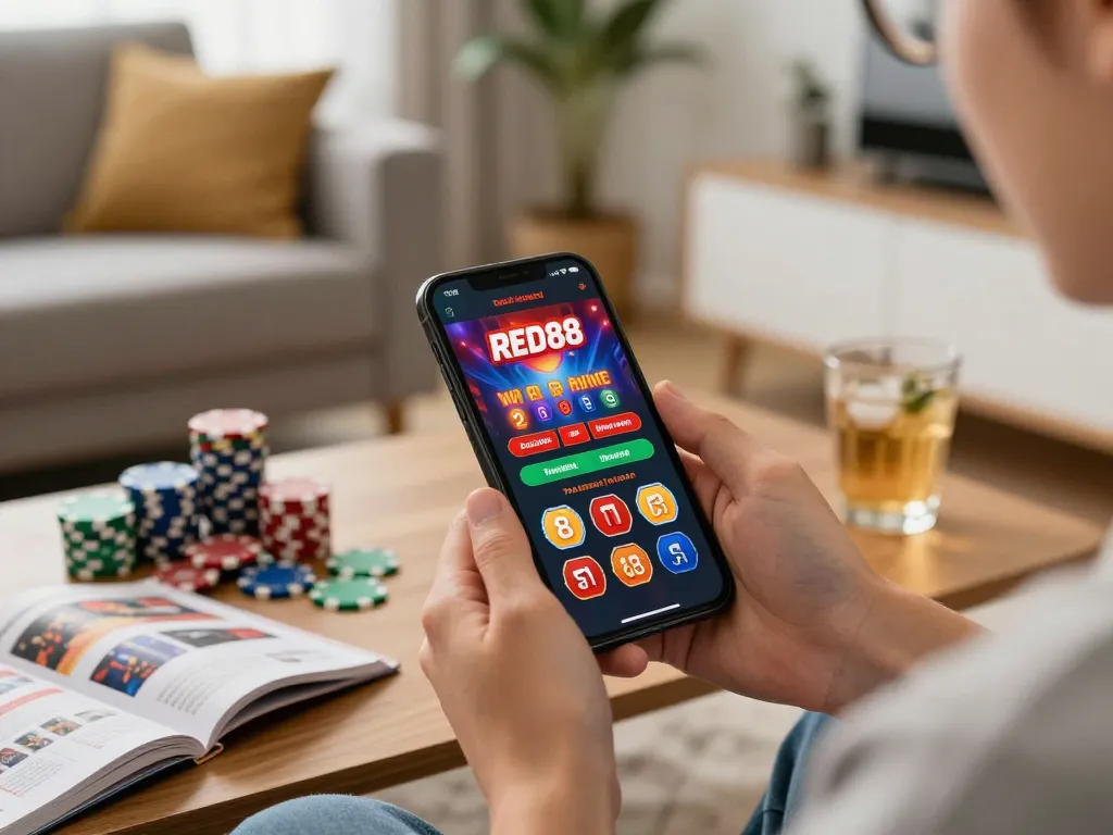 Engaging in mobile gaming with the RED88 app, showcasing strategic play in a cozy home setting.