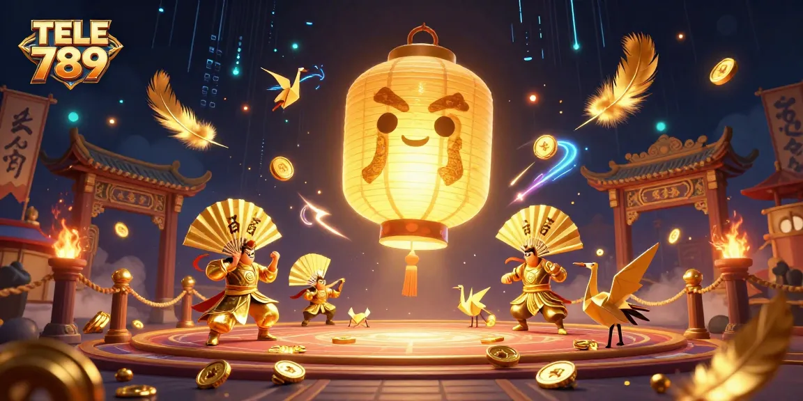 Experience the excitement of TELE 789 with a glowing lantern spirit, warriors, and dynamic casino elements.