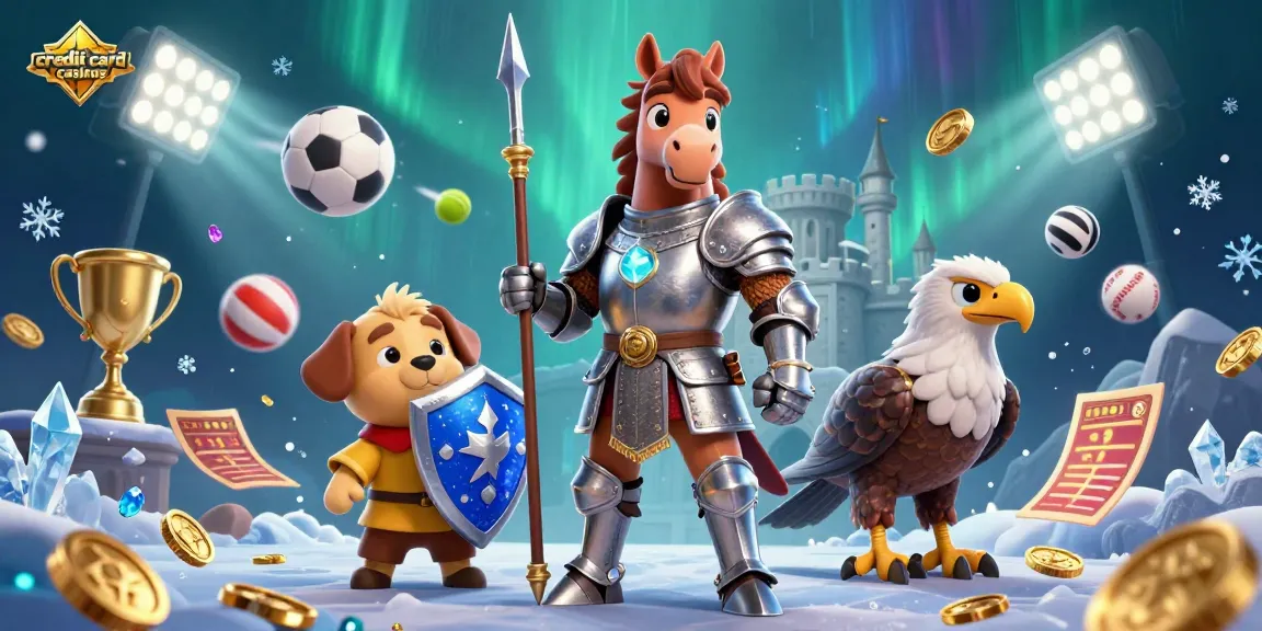 Experience the thrill of credit card casinos with a medieval knight, squire, and falcon in a lively casino scene.