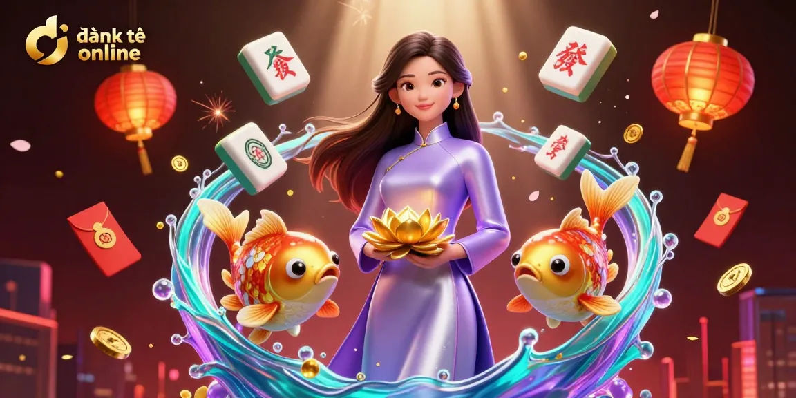 Experience exciting đánh đề online with this vibrant illustration featuring an Asian woman with a golden lotus flower.