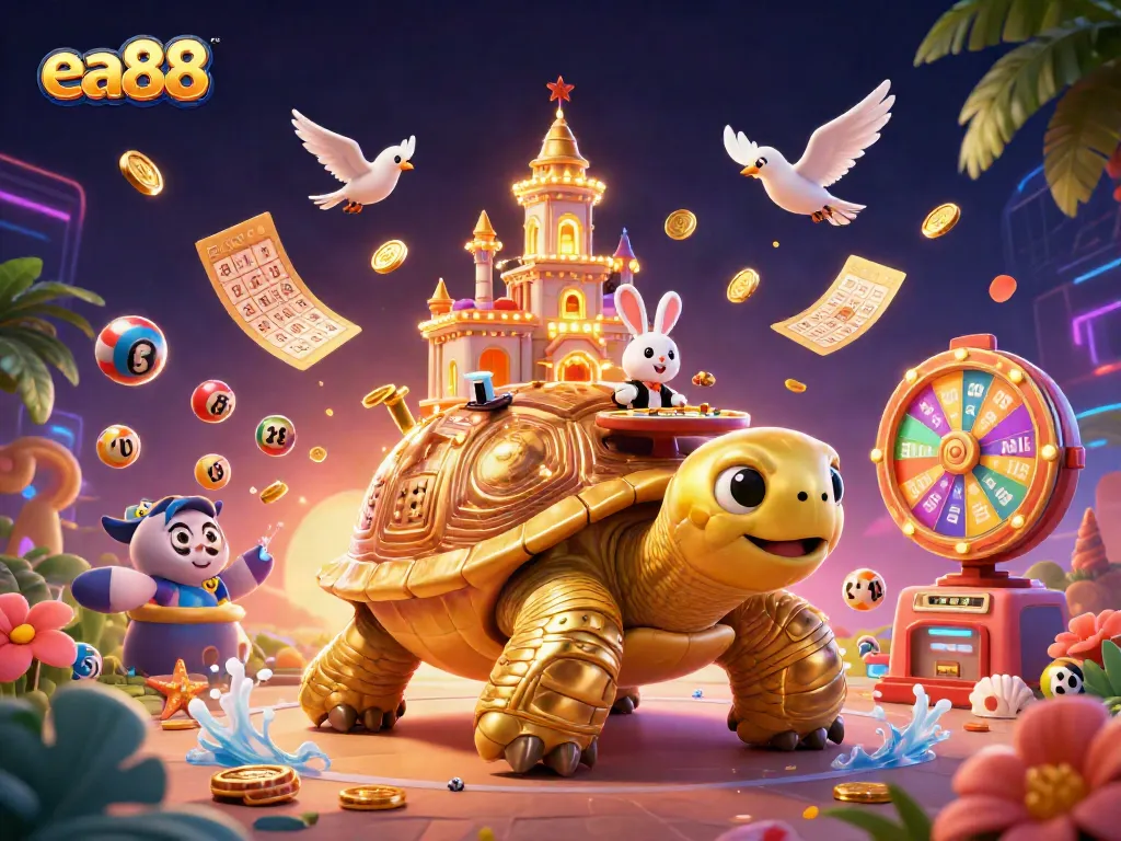 Play and win at ea88 with an exciting scene of a casino tortoise and vibrant lottery games.