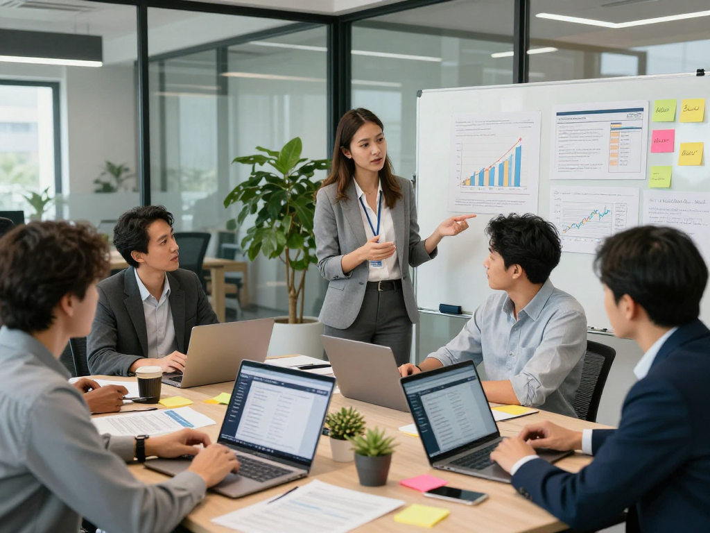 Real estate professionals analyzing IDXSTAR strategies in a modern office.