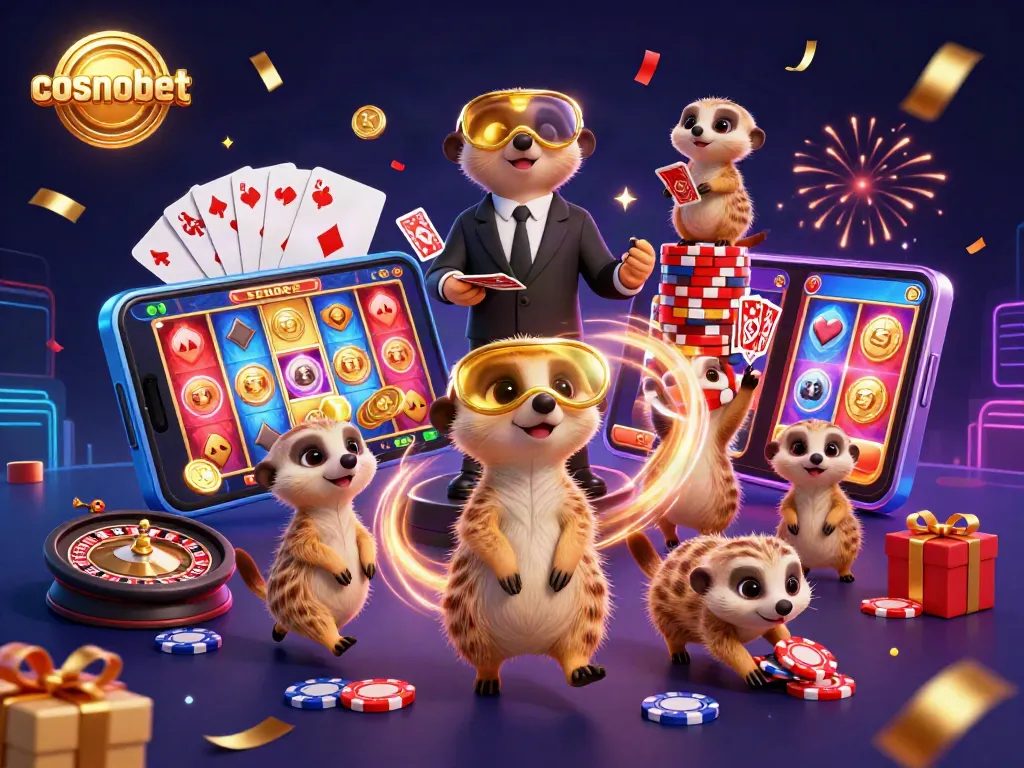 Experience the excitement of Cosmobet with meerkats managing a vibrant casino scene filled with gaming elements.