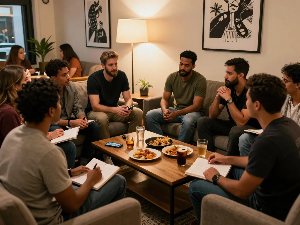 Men engaging in supportive conversations at a manclub gathering, fostering community and mental health awareness.