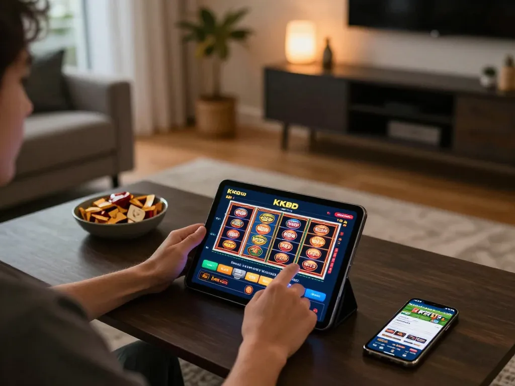 Engage with KKBD casino app on a tablet while enjoying a cozy home setup for online gambling.