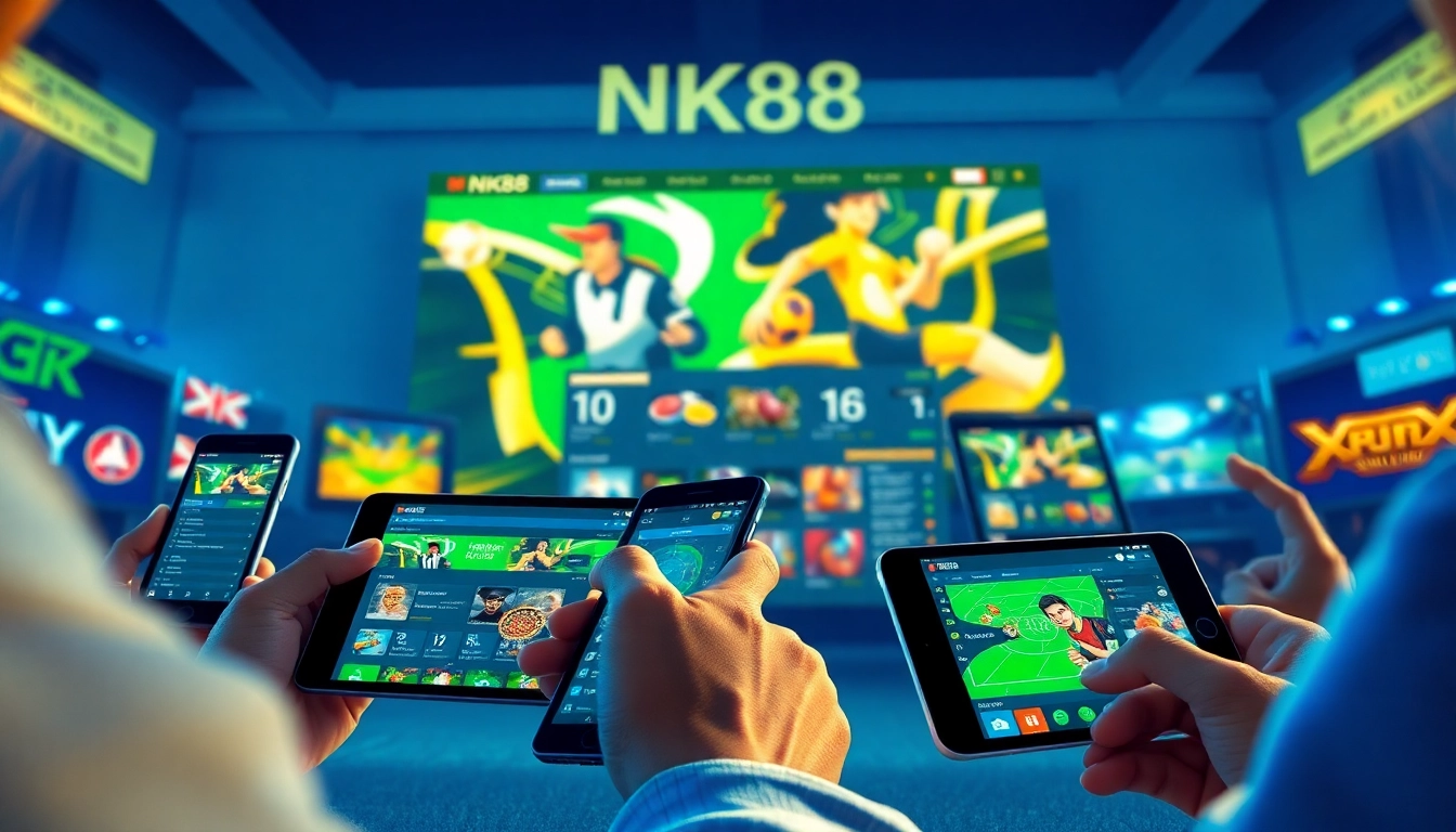 Engaging with NK88 online betting platform on various devices in a vibrant setting.