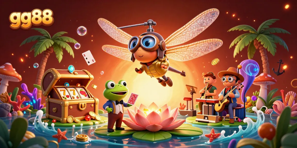 Experience exhilarating gameplay with gg88 in a vibrant casino scene featuring a dragonfly pilot and frog croupier.