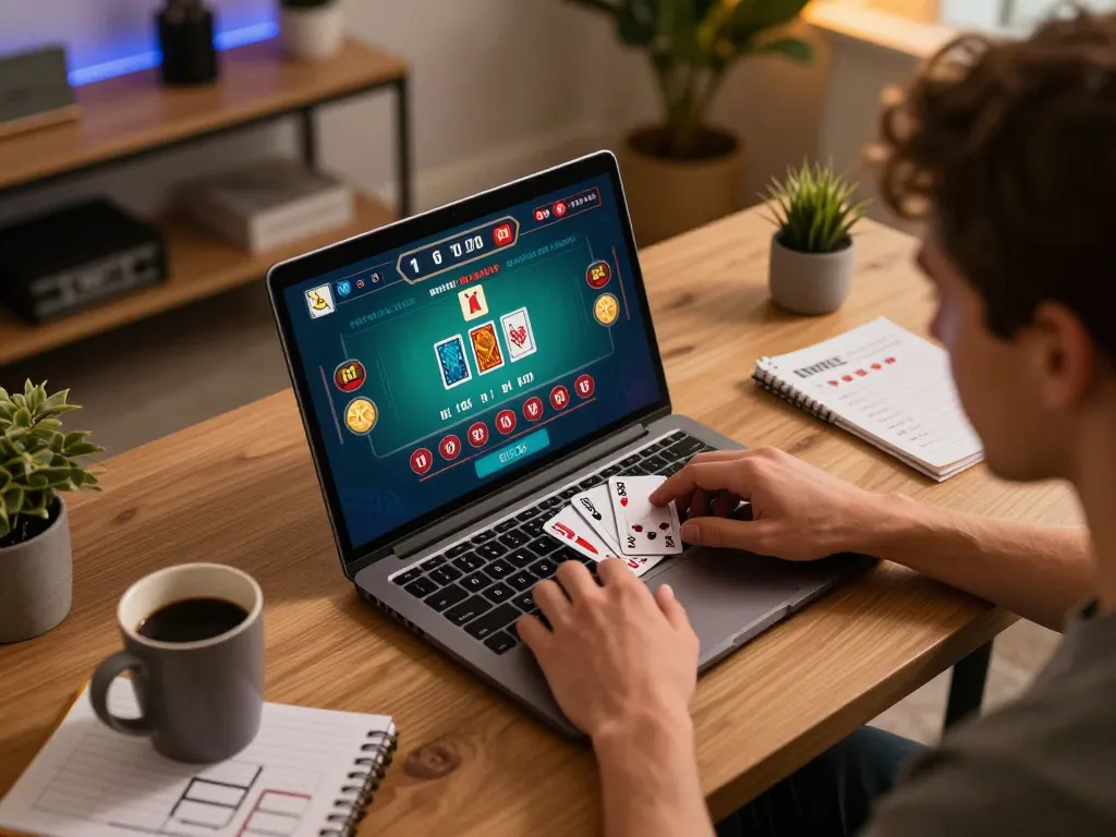 Player enjoying an exciting blackjack game at home using a laptop with 888NEW interface visible