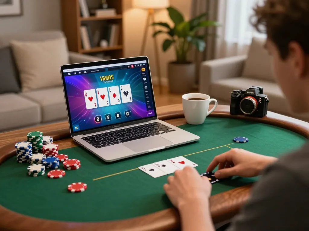 Engaged player strategizing in online poker game with SC88 interface showing cards and chips