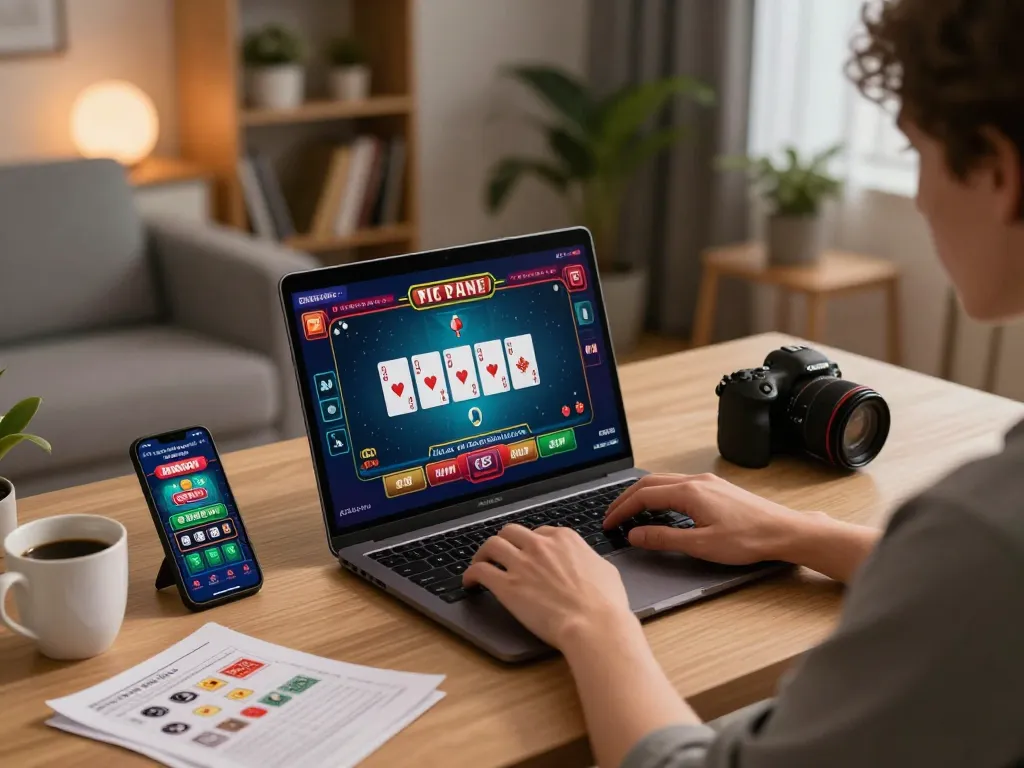 CM88 online casino gaming scene features a cozy home office setup with laptop and smartphone.