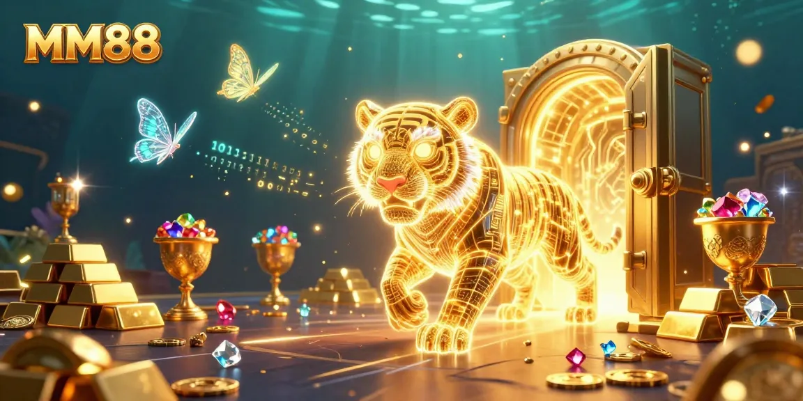 MM88's dazzling casino experience with a neon golden tiger illuminating a digital landscape filled with treasures.