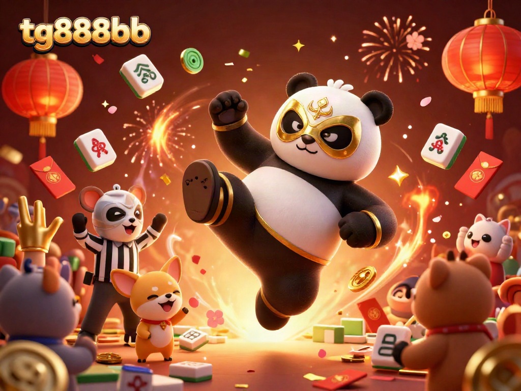 Experience the thrill of gambling with tg888bb's lively casino scene featuring a panda wrestler and festive celebrations.