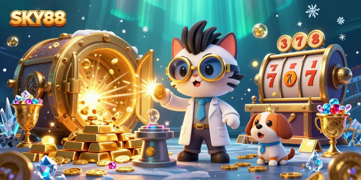 Join SKY88 in a vibrant casino scene filled with sparkling gems, gold coins, and slot reels.