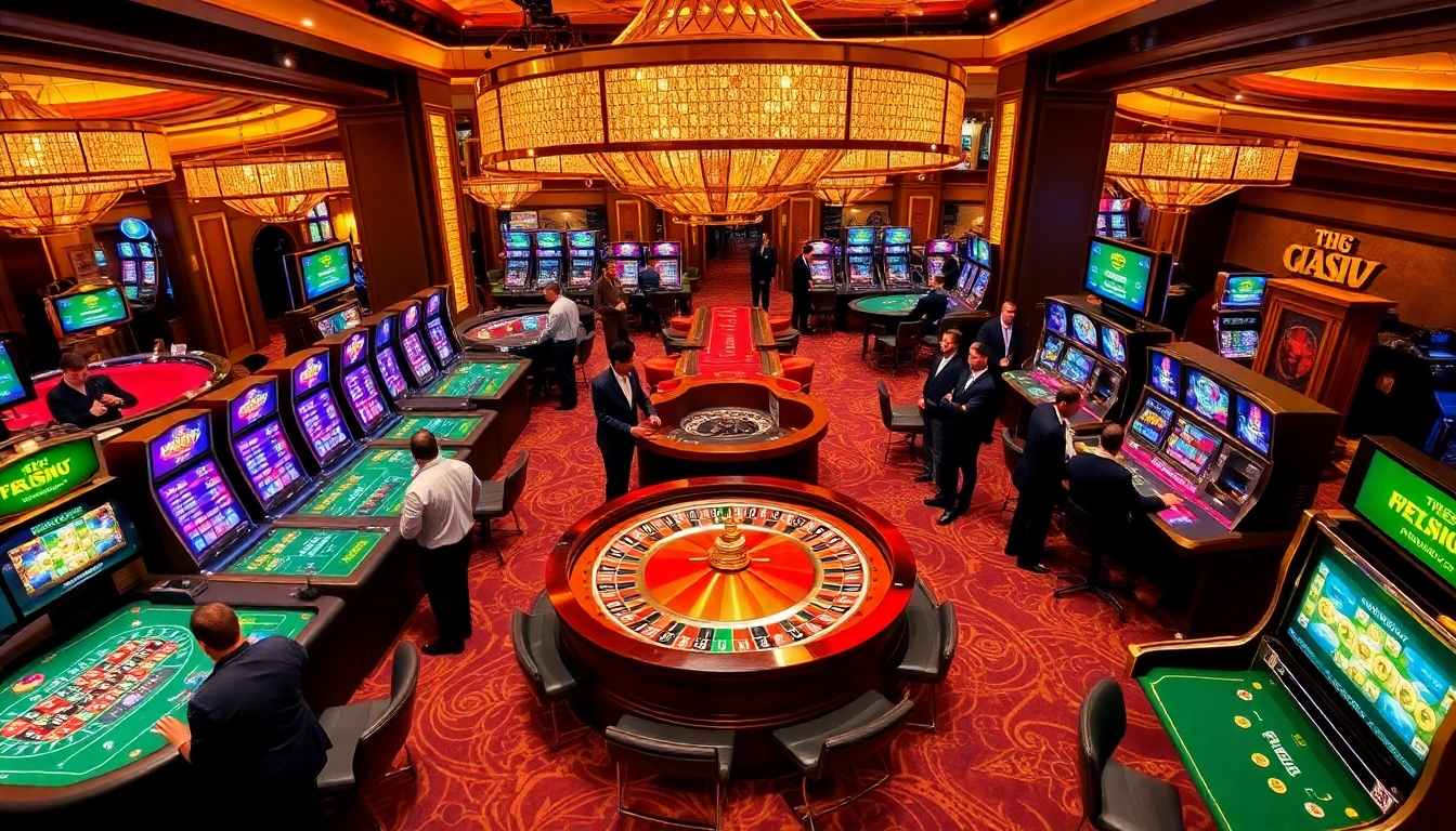 Exciting gaming atmosphere at trang chủ FLY88 with professionals and vibrant casino elements.