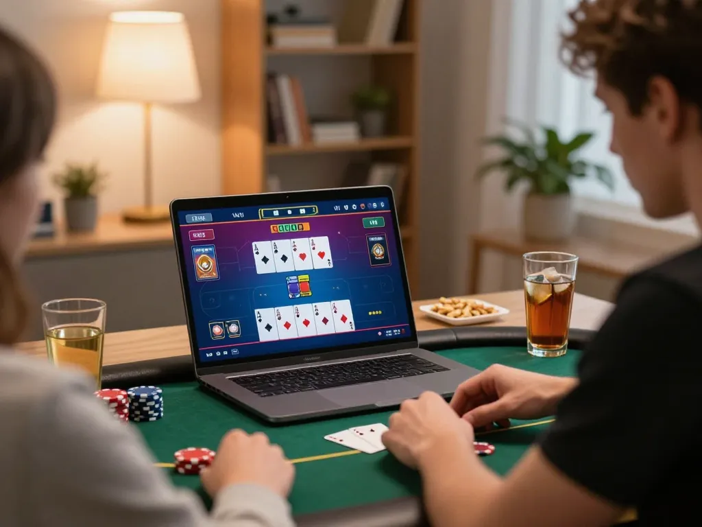 Online casino gaming with 789Win poker interface shown on laptop screen, player focused on strategy.