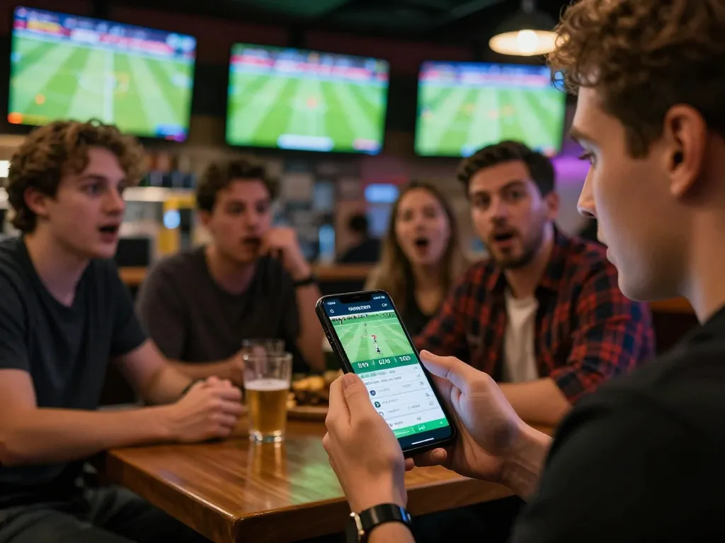 Engaging moment using the betting app for Link nhà cái lu88 during a live soccer match in a sports bar.