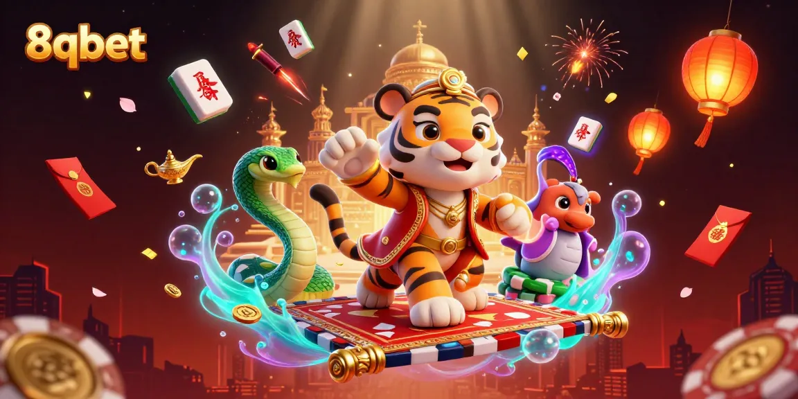 Experience excitement at 8qbet with a spectacular gala of casino-themed characters and vibrant game elements.